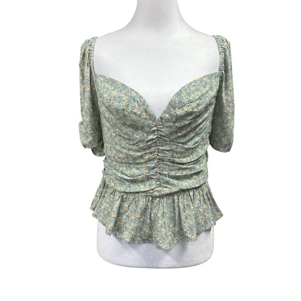 ASTR The Label Ditsy Floral Crop Ruched Peplum Sweetheart Blouse Sz XL